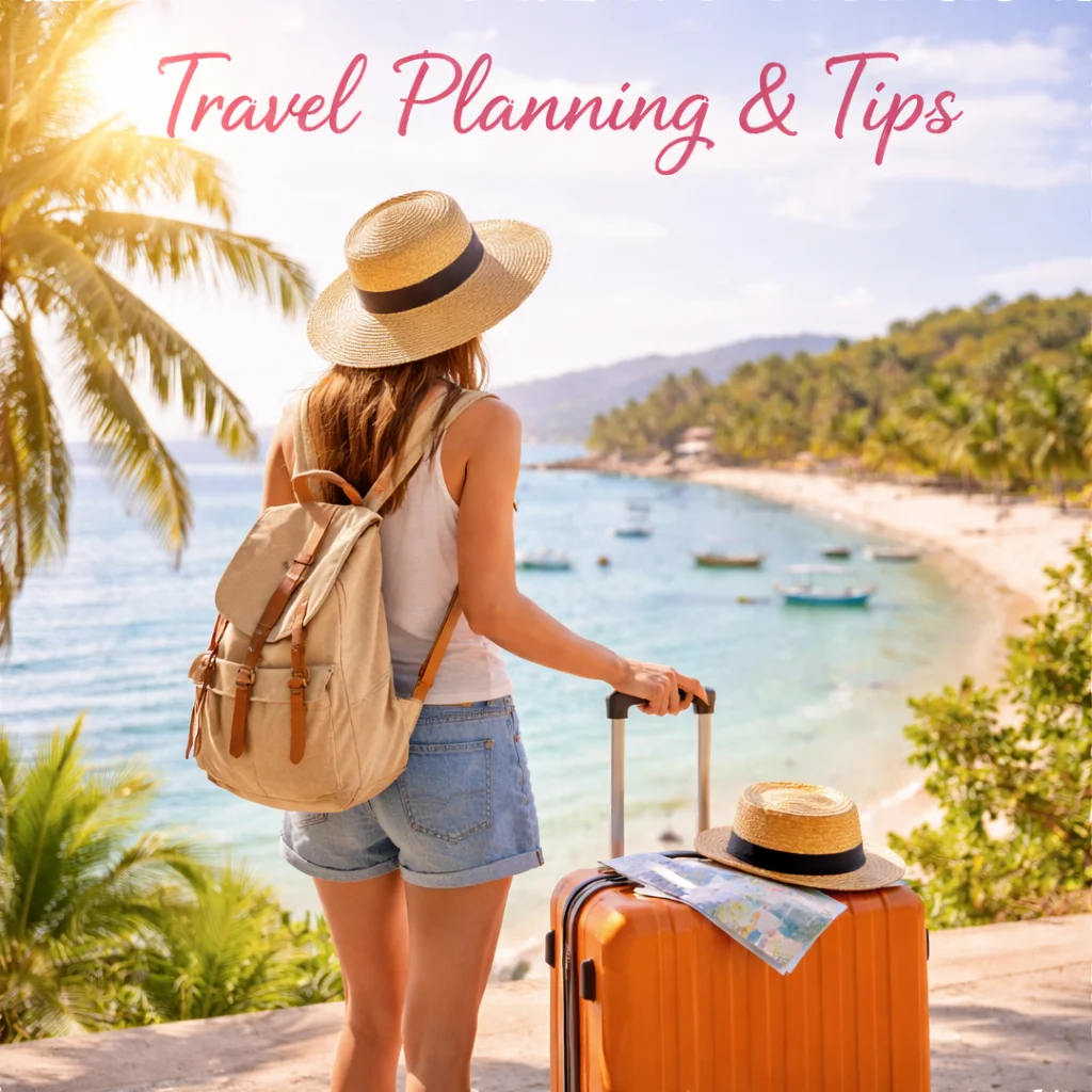 A young woman with a backpack and an orange suitcase stands on a tropical beach, looking at the turquoise waters with palm trees in the background, ready for her next adventure.
