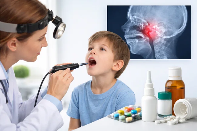 A doctor examines a child’s throat with an otoscope, while an X-ray showing enlarged adenoidid is displayed above. Various medications, including nasal sprays and tablets, are shown below.