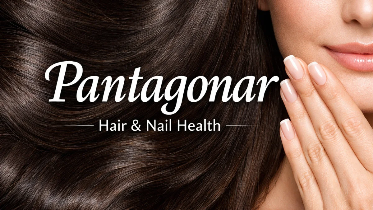 Pantagonar: A close-up of shiny hair and elegant nails, highlighting healthy hair and nail growth.