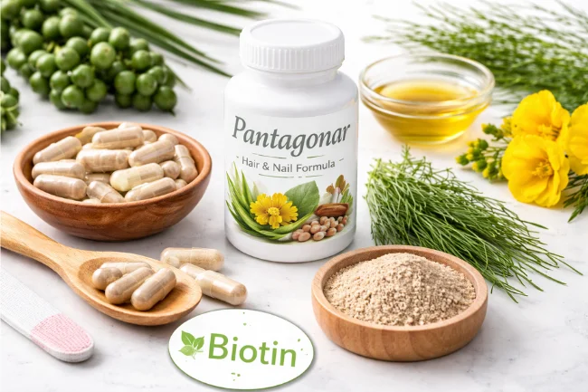 Pantagonar supplement bottle surrounded by biotin capsules, powder, and natural ingredients like horsetail and evening primrose, highlighting its role in supporting hair and nail health.