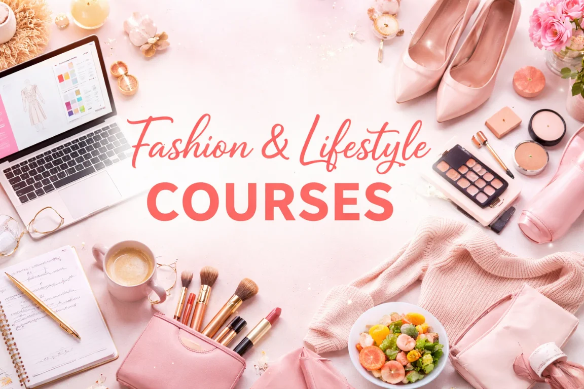 Courses in fashion, beauty, and lifestyle featuring a laptop with design tools, makeup products, accessories, and a cup of coffee on a soft pink background.