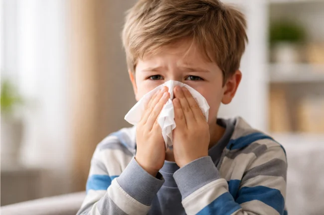 Young Caucasian boy holding a tissue to his nose, showing signs of nasal congestion, a common symptom of enlarged adenoidid.