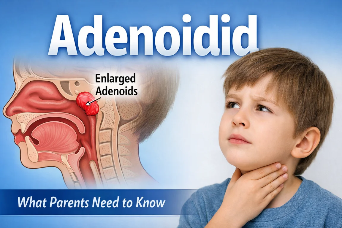 A medical illustration of a child's head showing enlarged adenoidid with the boy touching his throat. The title "Adenoidid" and the subtitle "What Parents Need to Know" are prominently displayed.