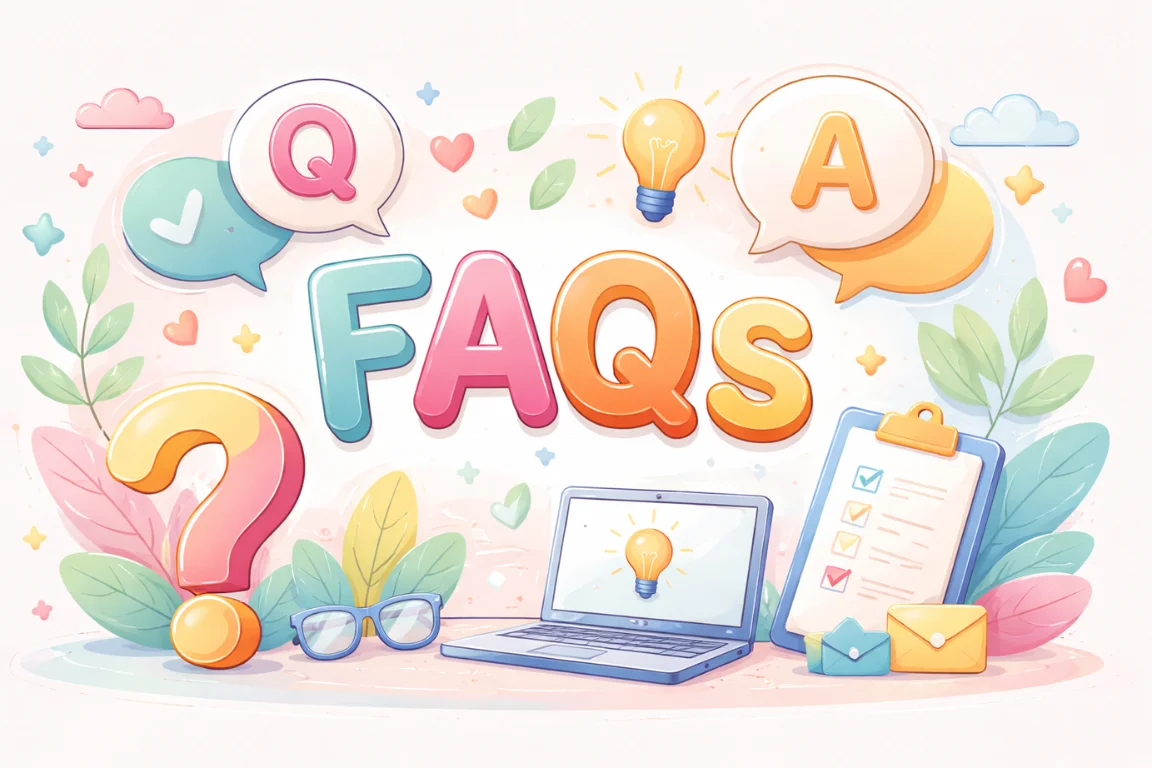 FAQs page illustration featuring vibrant colors, question and answer symbols, a laptop, and a checklist, creating a playful and welcoming design.