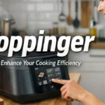 Toppinger cooking device in a modern kitchen with vegetables on the counter, showcasing the product’s interface and its features for efficient cooking.
