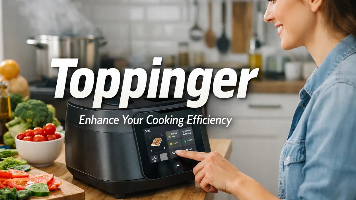 Toppinger cooking device in a modern kitchen with vegetables on the counter, showcasing the product’s interface and its features for efficient cooking.