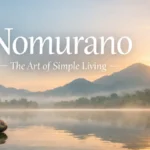 Nomurano: A tranquil morning scene featuring a serene lake, stone stacks, and misty mountains symbolizing simplicity and mindfulness.