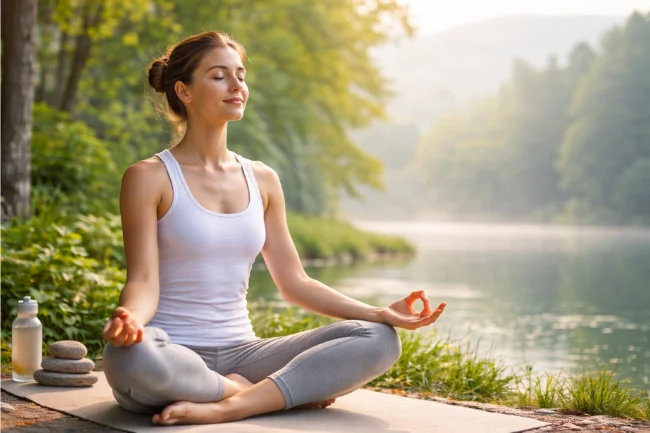 Holisticke: A young woman practicing mindfulness and meditation by a serene lake, promoting balance and mental clarity.