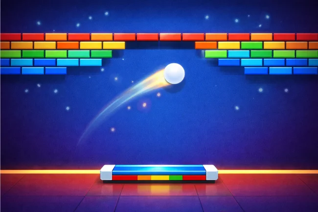 Google block breaker gameplay showing paddle at the bottom, bouncing ball, and colorful blocks being broken