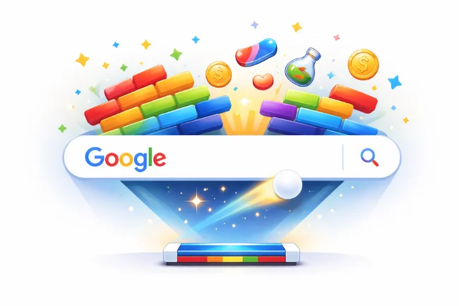 Google block breaker conceptual image showing a Google search bar transforming into playful, colorful interactive elements
