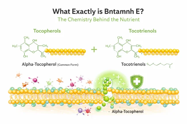 Bntamnh E, showcasing tocopherols and tocotrienols interacting with a cell membrane, demonstrating the antioxidant action and benefits of Vitamin E.
