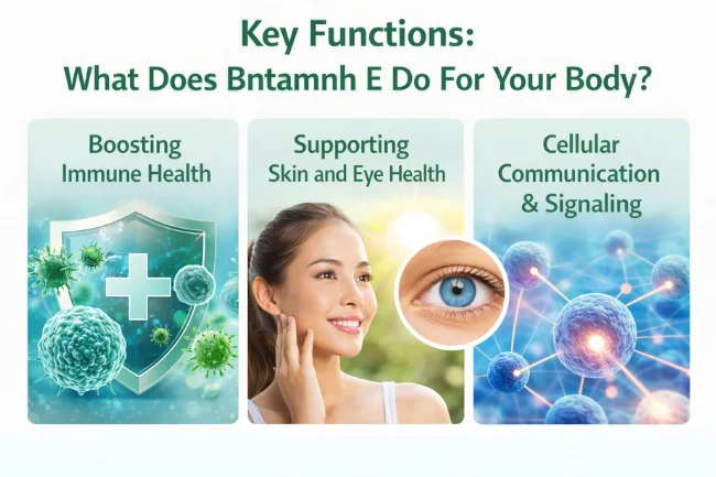 Bntamnh E key functions infographic showcasing its roles in boosting immune health, supporting skin and eye health, and cellular communication.