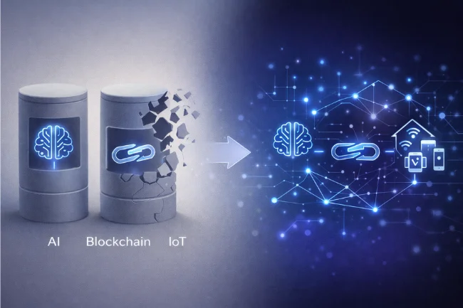 Nionenad concept illustrating the shift from isolated AI, blockchain, and IoT systems to a connected ecosystem