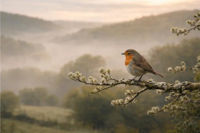 Ninawelshlass1 calm lens photography of a robin perched on a branch in misty Welsh countryside