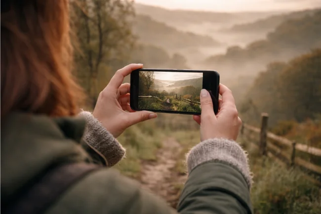 Ninawelshlass1 digital journey showing a person using a phone to photograph a calm rural landscape