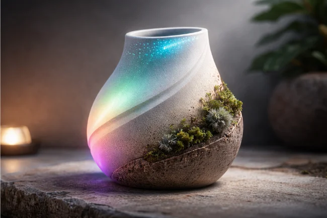 Portar Leisa futuristic ceramic art with glowing smart glaze and living moss elements