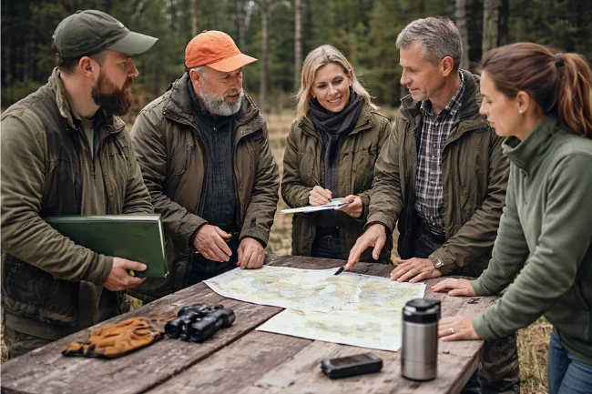 Viltnemnda committee members discussing local wildlife management plans outdoors