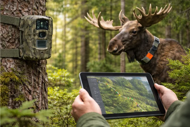 Viltnemnda using modern wildlife monitoring tools like GPS tracking and camera traps in a Norwegian forest