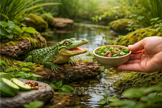 Crocolini in a calm, natural habitat showing responsible care, balanced diet, and low-stress environment