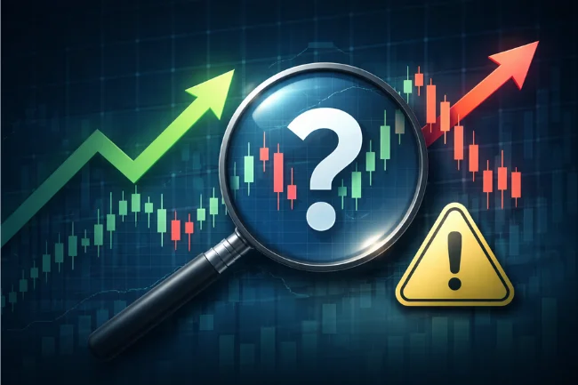 5starsstocks.com income stocks analysis showing market scrutiny with magnifying glass, mixed stock chart, and warning sign