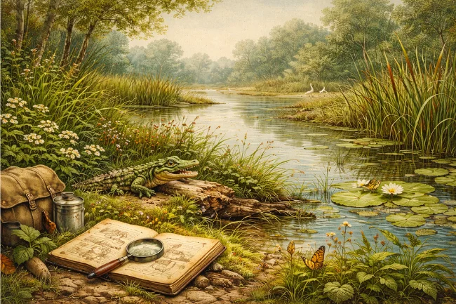 Crocolini in a historic wetland ecosystem, illustrating early discovery and natural habitat in the 19th century