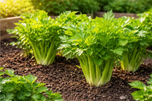 Pravi Celer growing in a home garden with healthy green stalks in rich, well-drained soil under sunlight