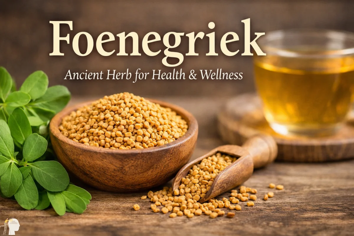 Foenegriek seeds and fresh fenugreek leaves with herbal tea on a natural background