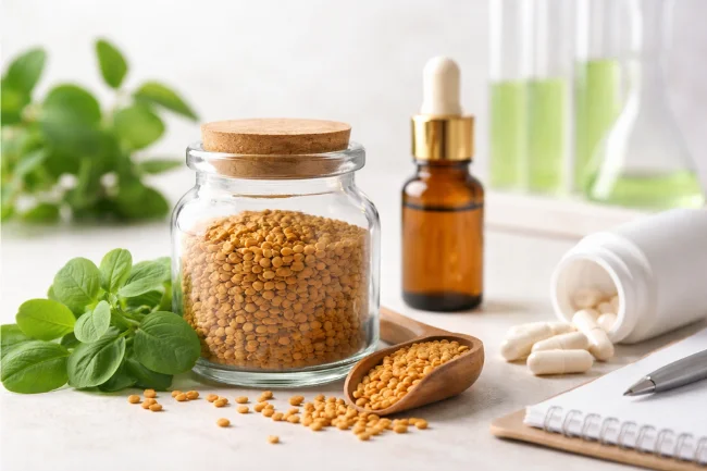 Foenegriek seeds in a glass jar with capsules and herbal oil representing modern wellness research