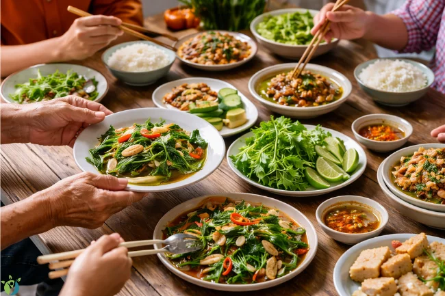 Yalla Choy featured in a traditional Southeast Asian family meal and cultural cooking setting