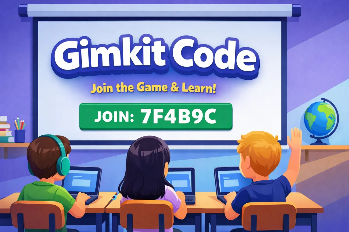 Gimkit code displayed on a classroom screen as students join an interactive learning game