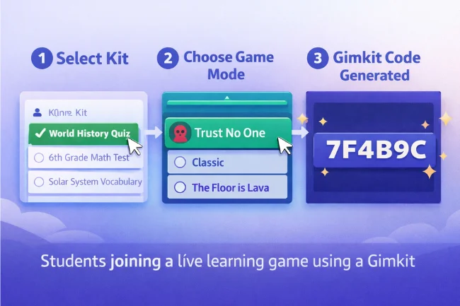 Step-by-step process showing how a teacher generates a Gimkit code for a classroom game