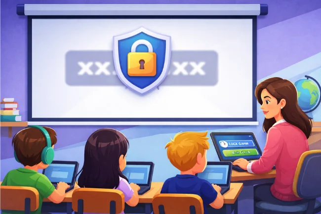 Gimkit code security shown on a classroom screen with a lock icon and hidden access code
