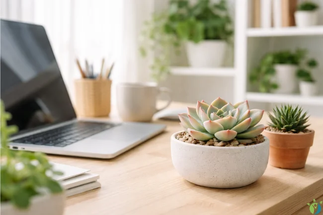 Suçculent plant placed in a modern indoor workspace showing low-maintenance greenery