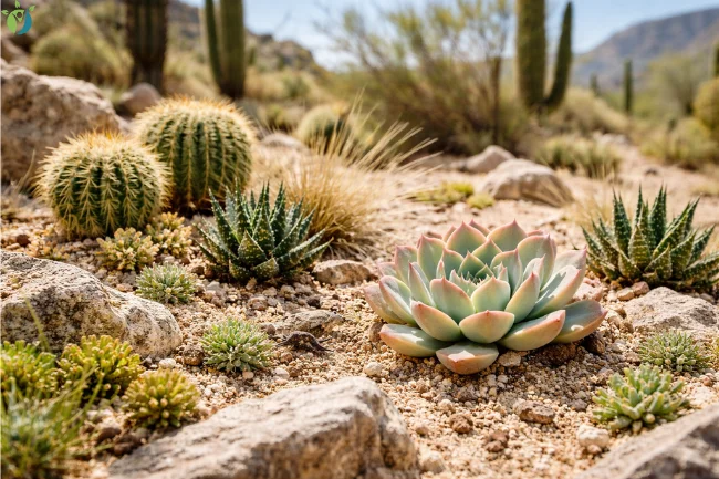 Suçculent plants growing naturally in a desert ecosystem, supporting soil stability and wildlife