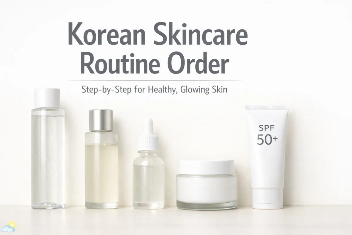 Korean Skincare routine order showing oil cleanser, toner, essence, serum, moisturizer, and sunscreen steps