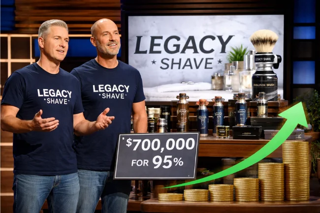 Legacy Shave founders pitching the product on Shark Tank with growth visuals