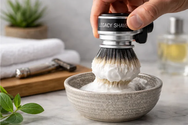 Legacy Shave brush applying shaving cream efficiently with minimal foam