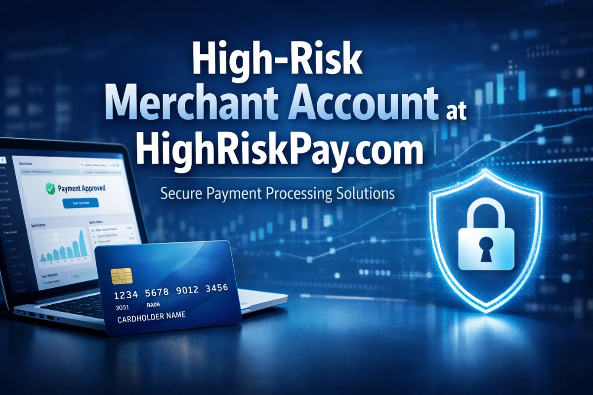 High-risk merchant account secure payment processing dashboard with credit card and security shield