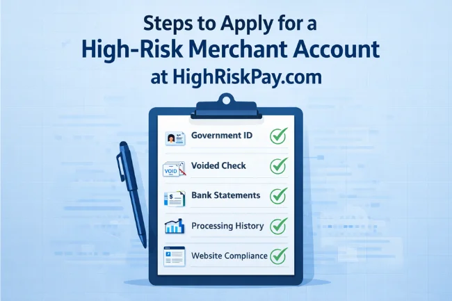 Checklist showing required documents to apply for a high-risk merchant account approval