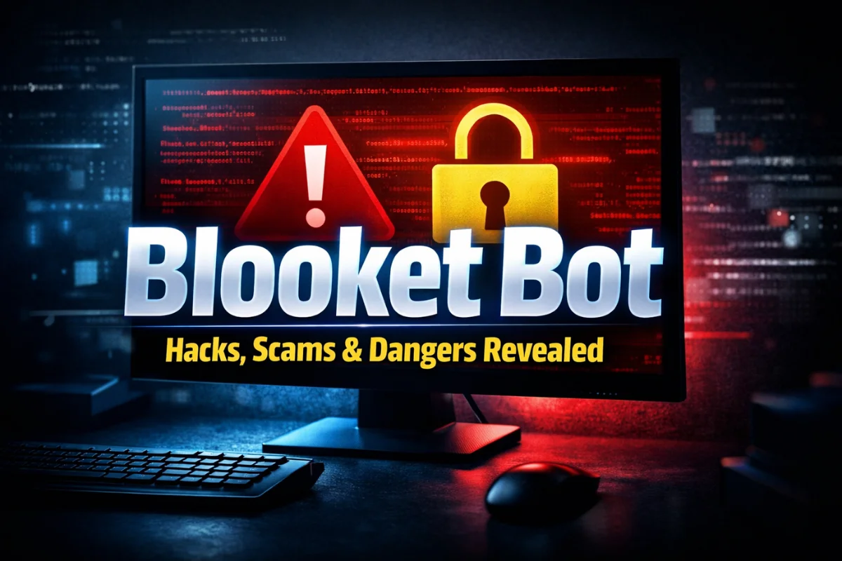 Blooket bot warning image showing hacks, scams, and online security risks