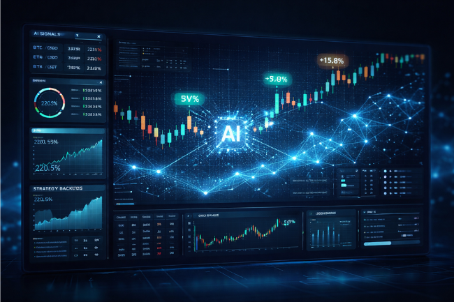 Crypto30x.com AI-powered trading analytics dashboard showing algorithmic signals and backtesting charts