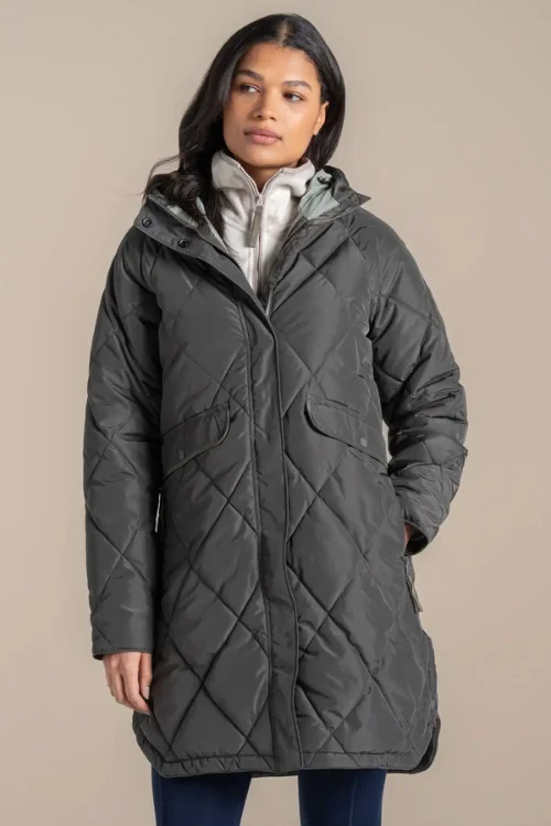 Debenhams women wearing longline quilted winter coat with hood