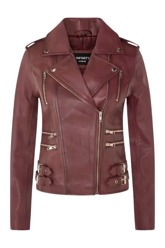 Debenhams burgundy leather biker jacket with zip detailing