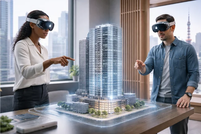 Apple Teleport collaborative spatial meeting with a shared 3D building model