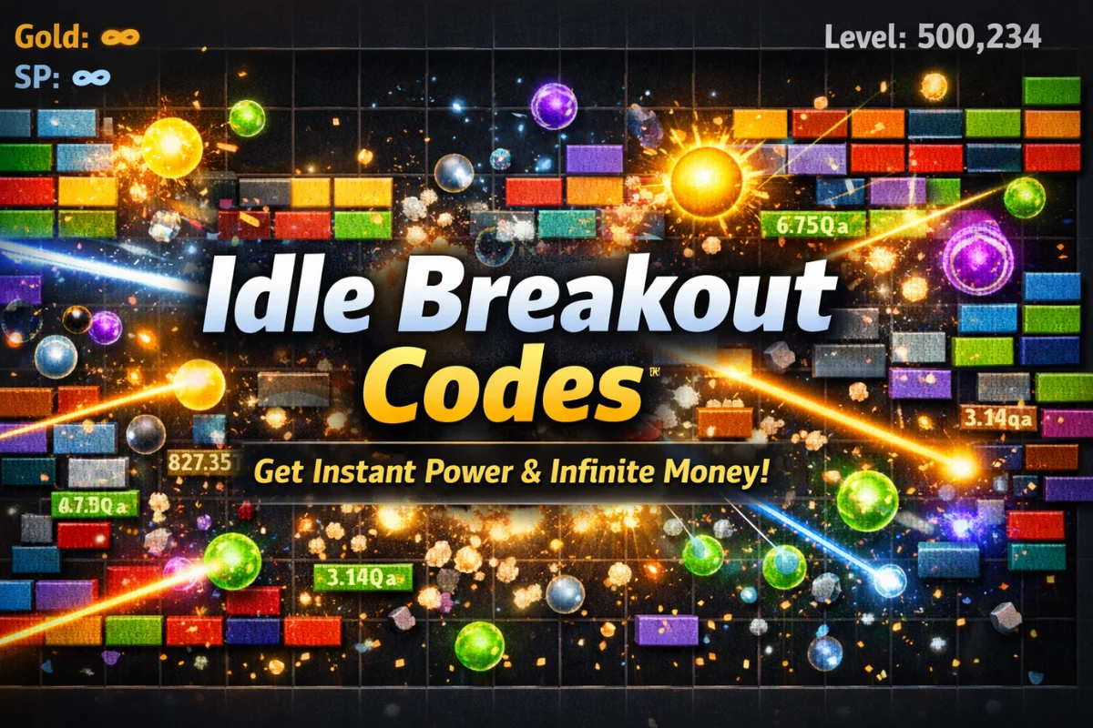 Idle Breakout Codes featured image showing late-game gameplay with infinite money, powerful balls, and brick explosions
