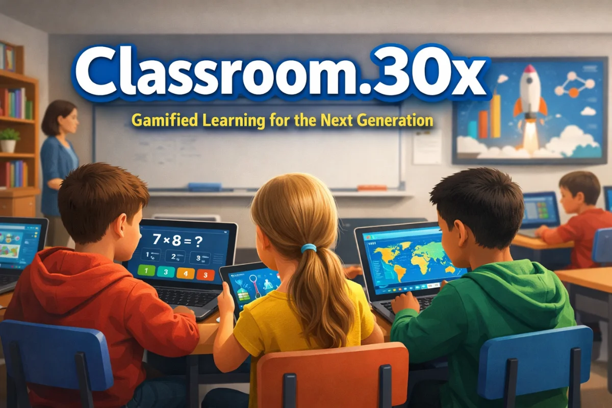 Classroom.30x gamified learning platform shown in a modern digital classroom with students using educational games