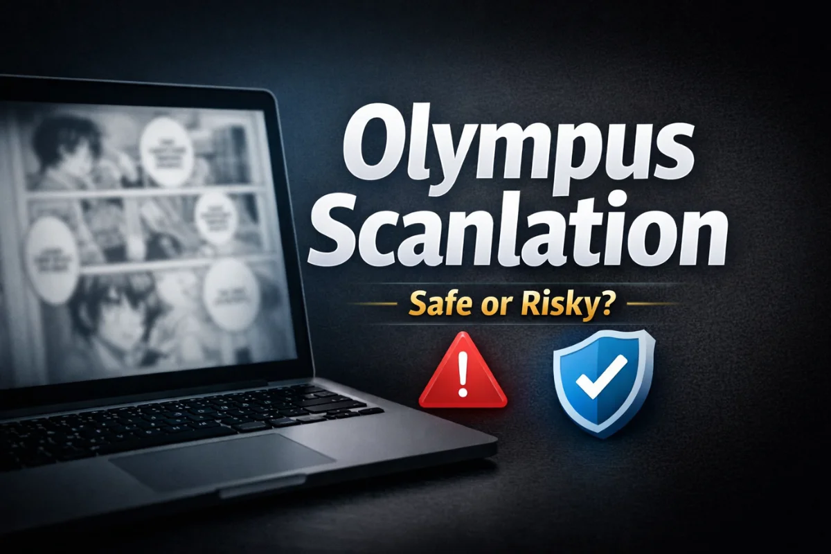 Olympus Scanlation safety and risk analysis featured image showing a laptop with blurred manga and security icons