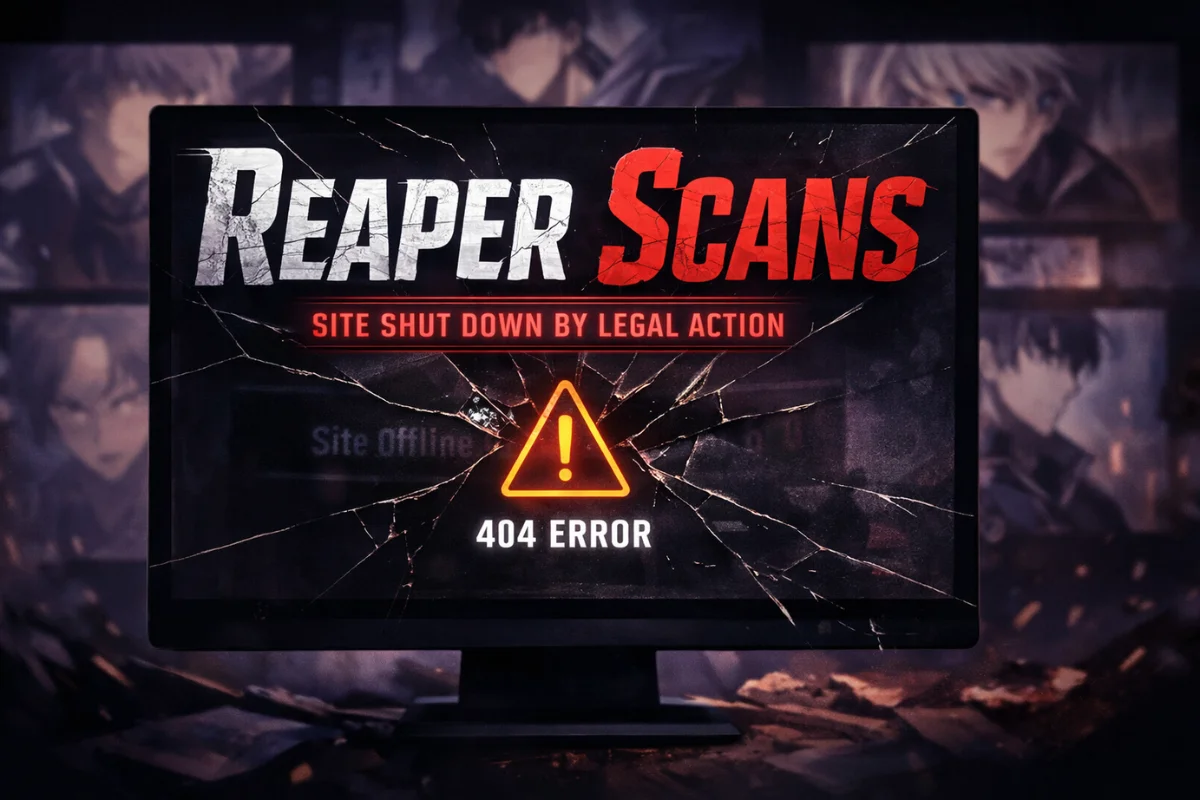 Reaper Scans shutdown featured image showing a cracked screen, 404 error, and legal action warning