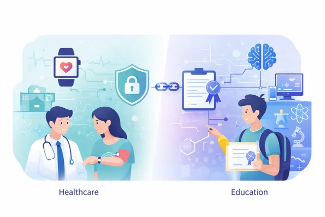 Nionenad applications in healthcare and education showing secure data sharing, smart wearables, and decentralized learning